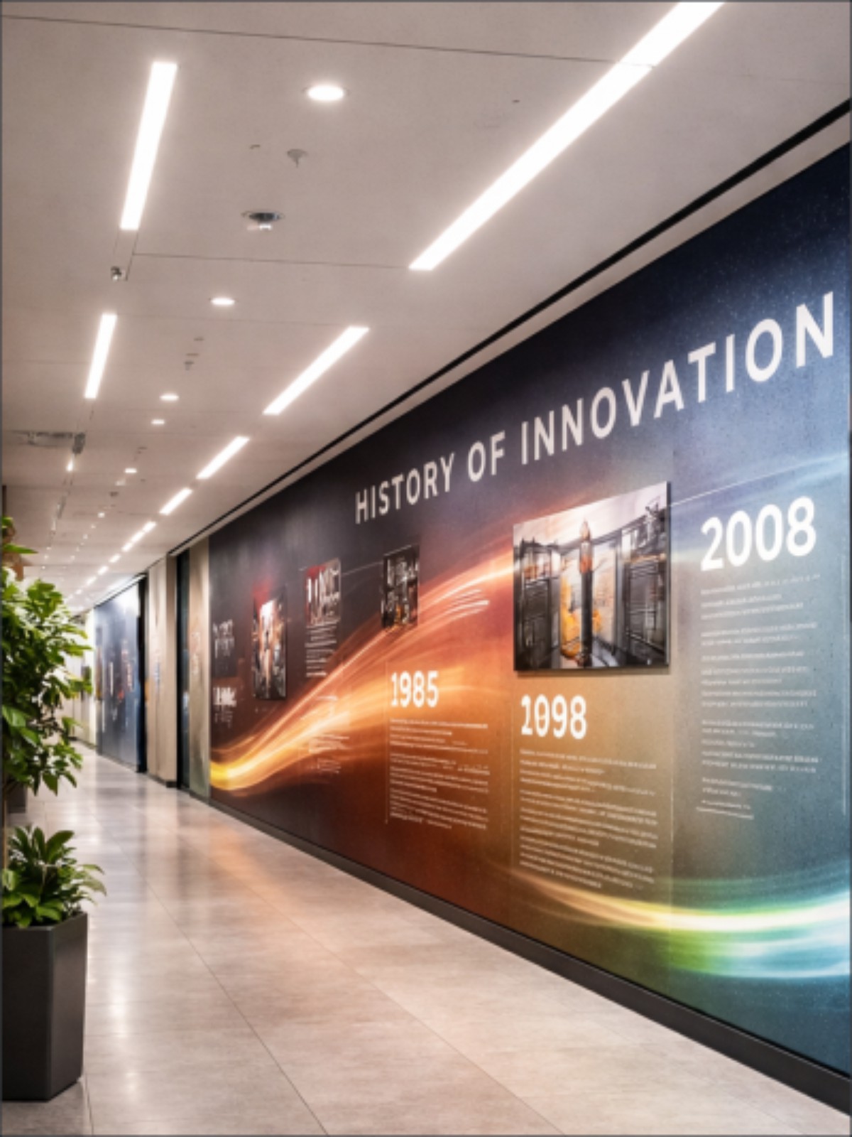Interior corridor with large-scale wall graphics integrated into a modern commercial space