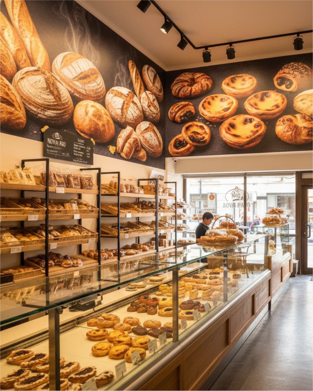 High-definition interior wall mural for Nova Bakery featuring large-scale artisanal bread and pastry graphics.