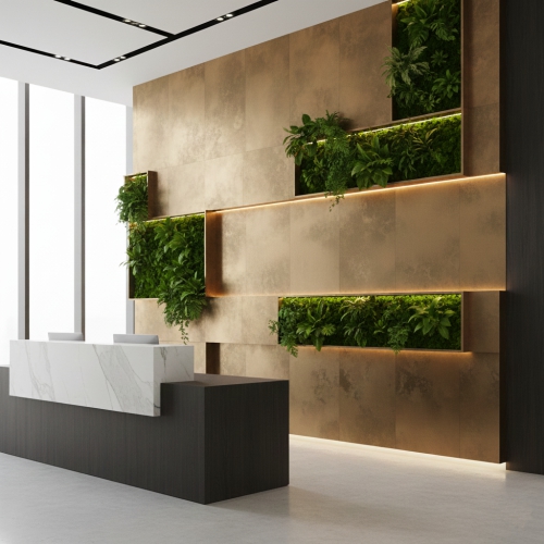 Premium Architectural Stone & Metal Finishes Burlington – Concept Graphics. High-end corporate feature wall refinished in a premium stone-textured architectural film in an Oakville office.