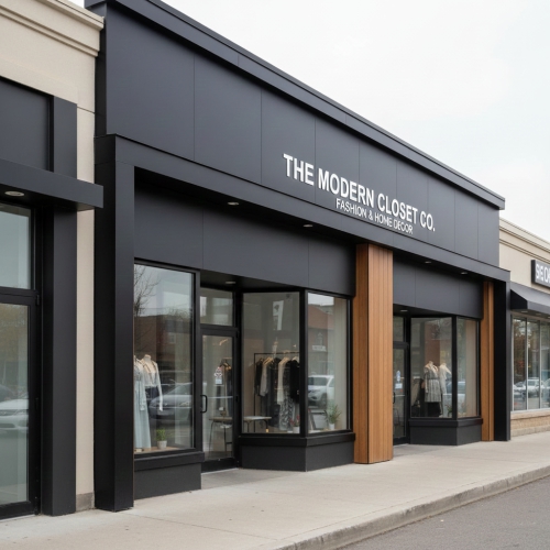 Retail Facade Refinishing and Branding Burlington – Concept Graphics. High-end retail storefront for "THE FINISH" featuring modern architectural wood and stone film on the exterior facade.