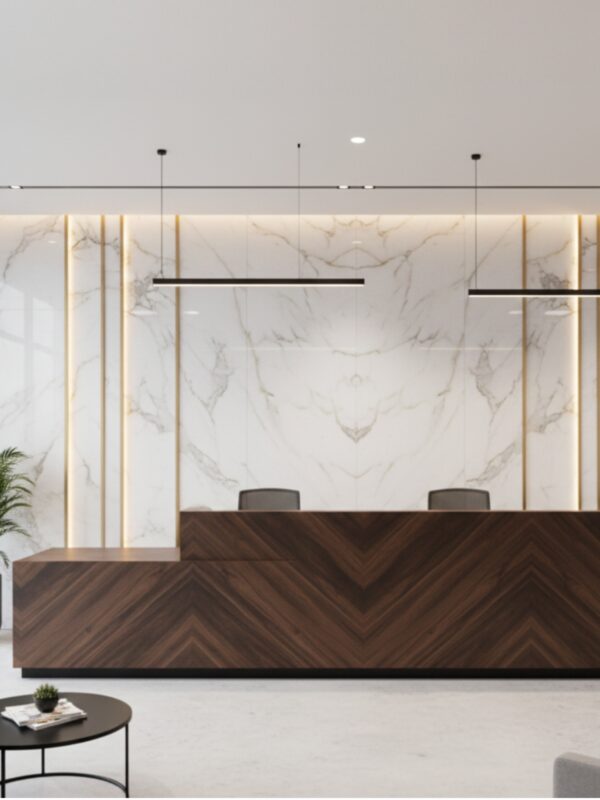 Vertical view of a luxury interior featuring stone-textured architectural film on a high-end feature wall in a Burlington office.