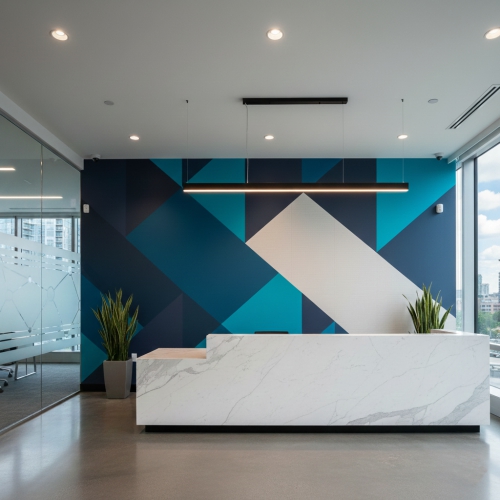 High-End Office Branding & Wall Graphics Burlington – Concept Graphics. Custom interior branding graphics featuring a clean, modern logo on a corporate office wall in Oakville.