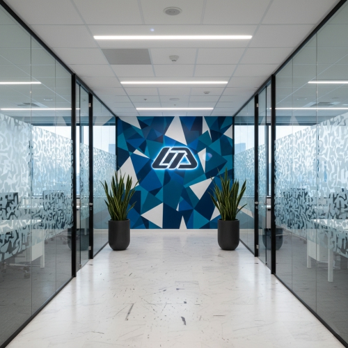Immersive Environmental Branding & Interior Graphics Oakville – Concept Graphics. Immersive environmental branding in a modern GTA office featuring custom wall murals and integrated glass film designs.