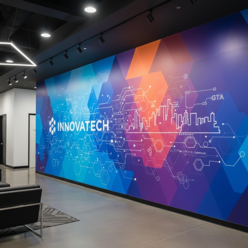 Custom corporate brand wall mural installed in a modern Burlington office lobby with high-definition graphics.