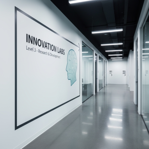 Custom architectural wayfinding graphics and directional wall signage installed in a modern commercial corridor in Burlington.