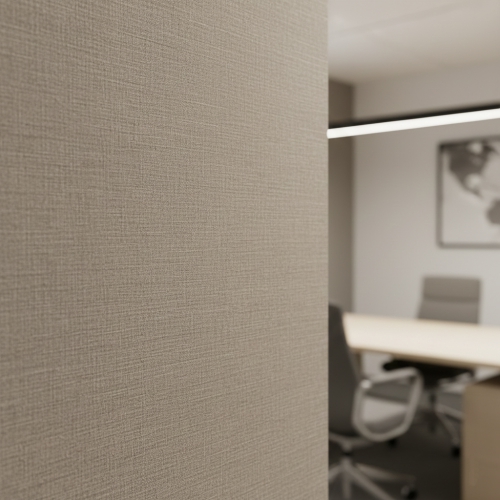 Close-up of premium textured linen-finish wall film installed in a minimalist Oakville office.