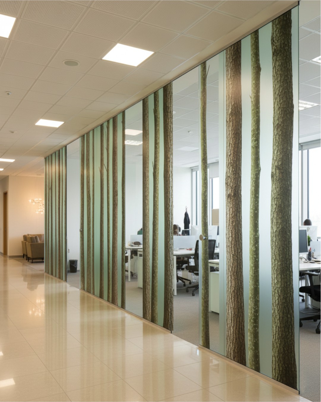 Long perspective view of a modern office hallway featuring glass partitions with a biophilic forest print and realistic tree trunk textures.
