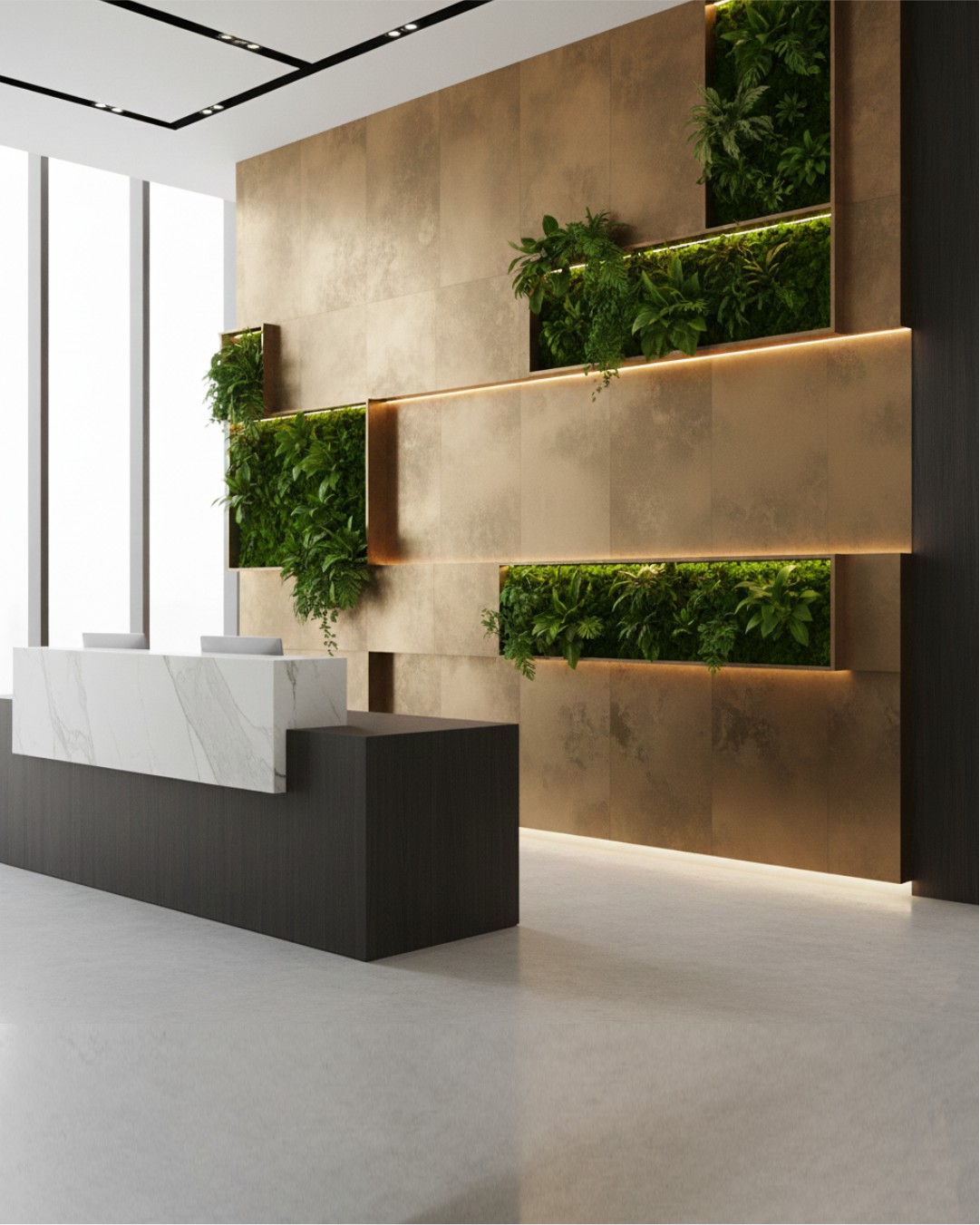 Here is the specific text for your WordPress Media Library fields for the Copper Feature Wall & Reception photo (Image image_4cce2a.png): Image: Copper Feature Wall with Biophilic Design Alternative Text: Corporate reception area featuring a brushed copper metallic feature wall with integrated vertical greenery and a white marble desk wrap.