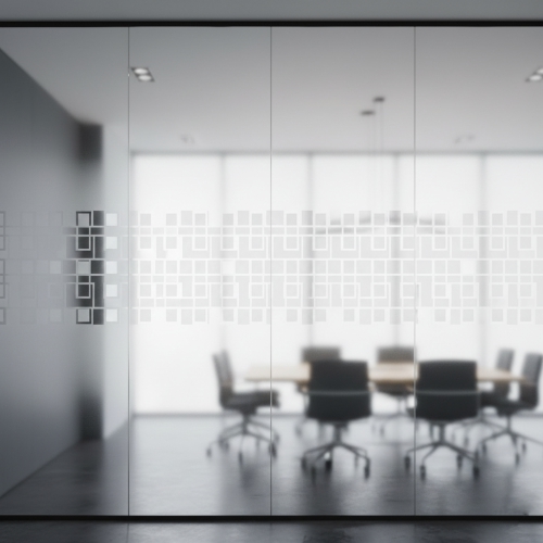 Frosted and Etched Glass Privacy Film – Concept Graphics. Full-height frosted glass privacy film installed on office boardroom partitions, providing a professional etched glass look.
