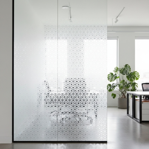Decorative Patterned Glass Film – Concept Graphics Custom decorative patterned window film with a modern geometric hexagonal design on office glass partitions.