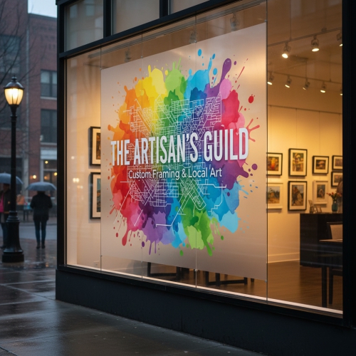 Transparent and Printed Glass Graphics – Concept Graphics Custom printed transparent window film with brand graphics installed on a glass storefront in a commercial setting.